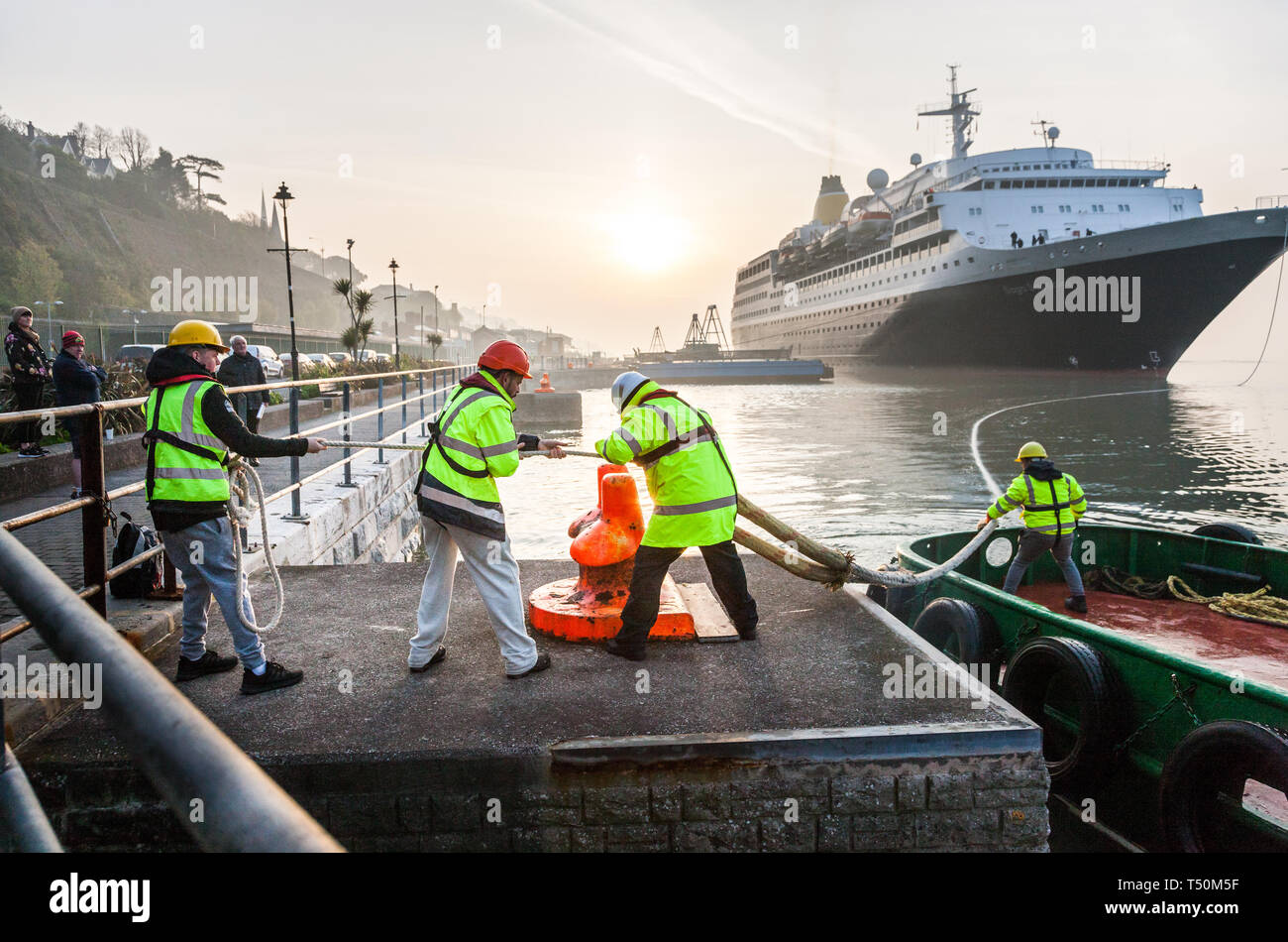 Cobh Cork Ireland 20th April 2019 Port Of Cork Dockers Tie Up The Cruise Liner Saga Sapphire As She Berths At The Deep Water Quay In Cobh Co Cork Ireland Credit David