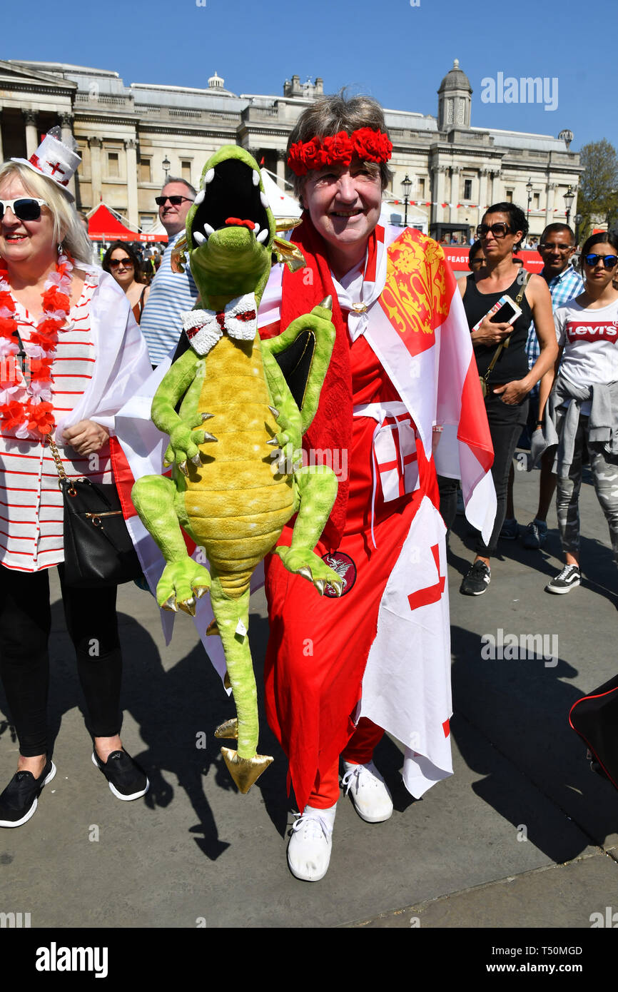 London, UK. 20th April, 2019.People dressing up St George costume attends the Feast of St George to celebrate English culture with music and English food stalls in Trafalgar Square on 20 April 2019, London, UK. Credit: Picture Capital/Alamy Live News Stock Photo