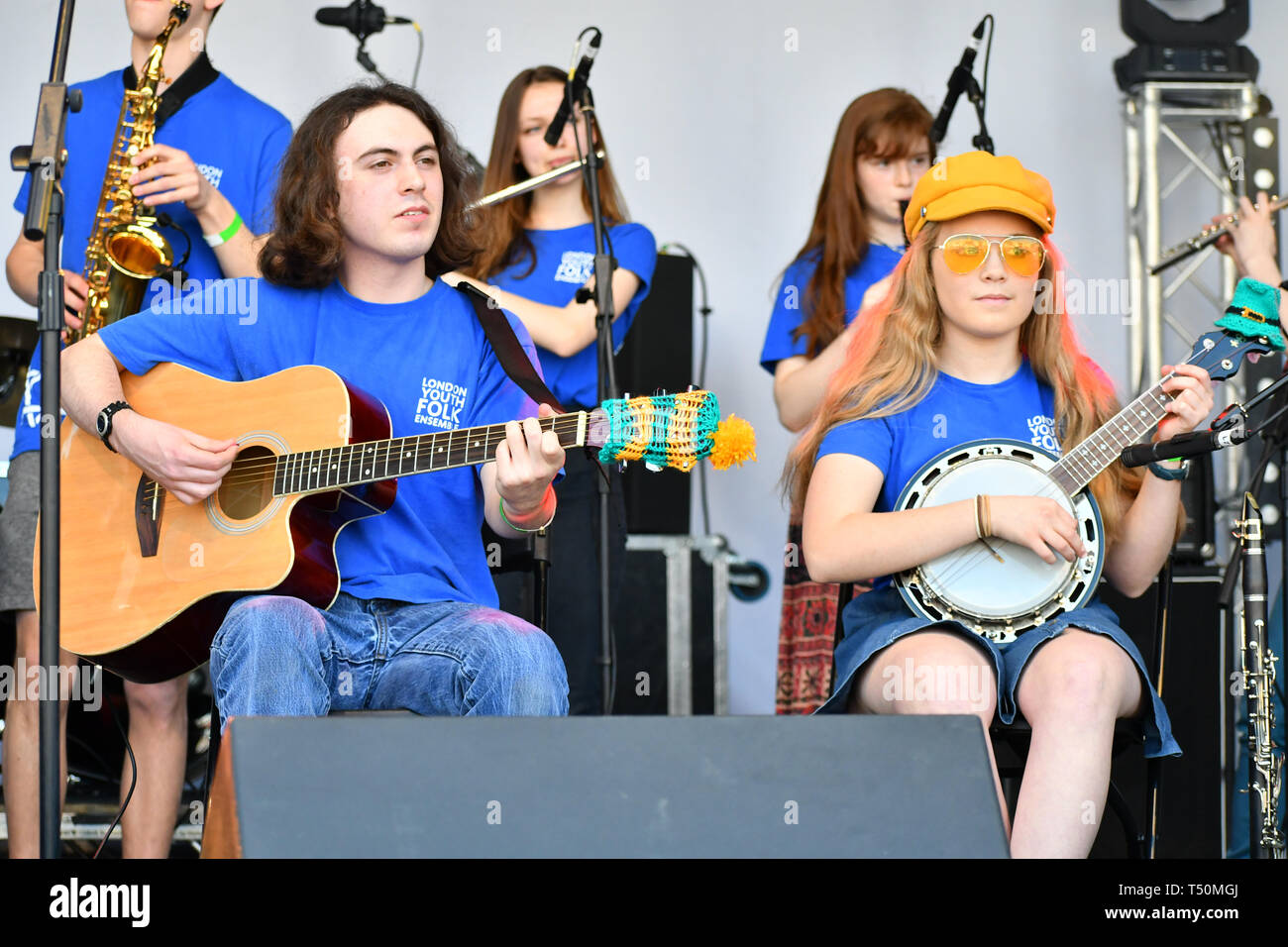 London, UK. 20th April, 2019.London Youth Folk Ensemble attend the Feast of St George to celebrate English culture with music and English food stalls in Trafalgar Square on 20 April 2019, London, UK. Credit: Picture Capital/Alamy Live News Stock Photo