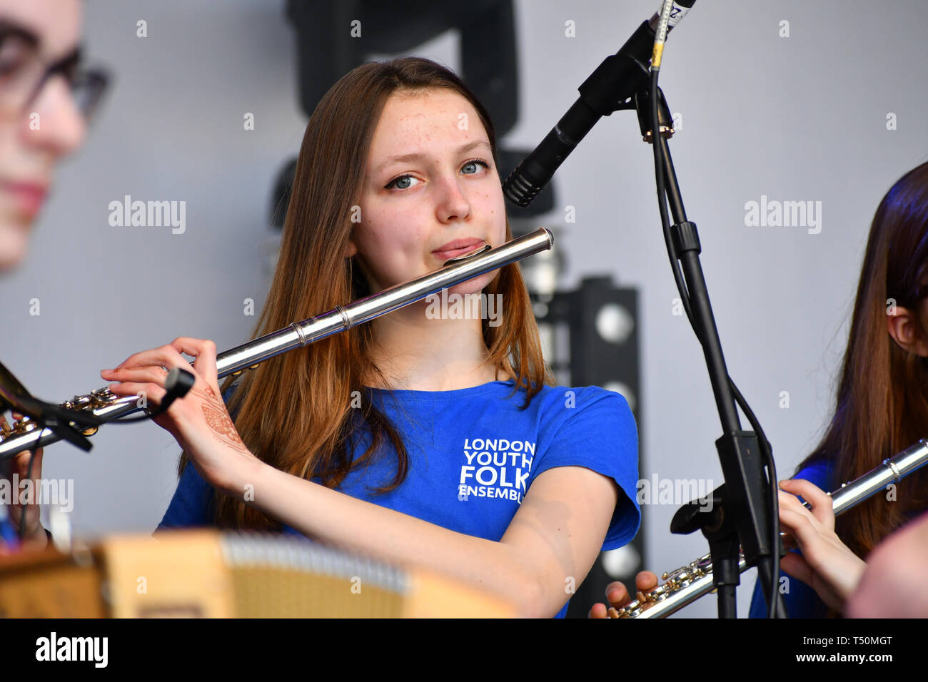 London, UK. 20th April, 2019.London Youth Folk Ensemble attend the Feast of St George to celebrate English culture with music and English food stalls in Trafalgar Square on 20 April 2019, London, UK. Credit: Picture Capital/Alamy Live News Stock Photo