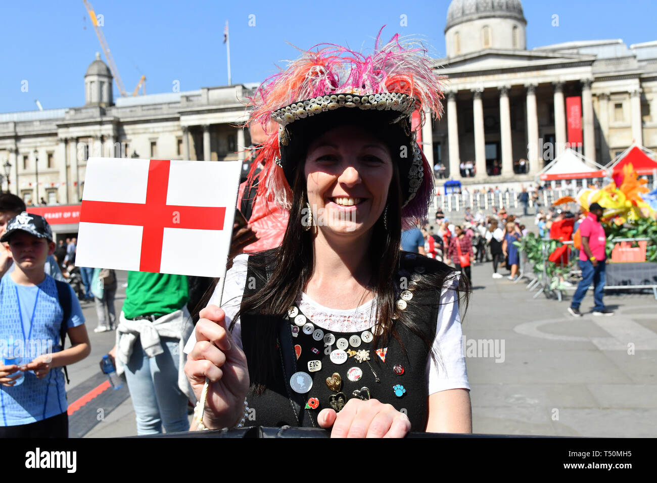 London, UK. 20th April, 2019.Hundreds attend the Feast of St George to celebrate English Culture with music and English food stalls in Trafalgar Square on 20 April 2019, London, UK. Credit: Picture Capital/Alamy Live News Stock Photo