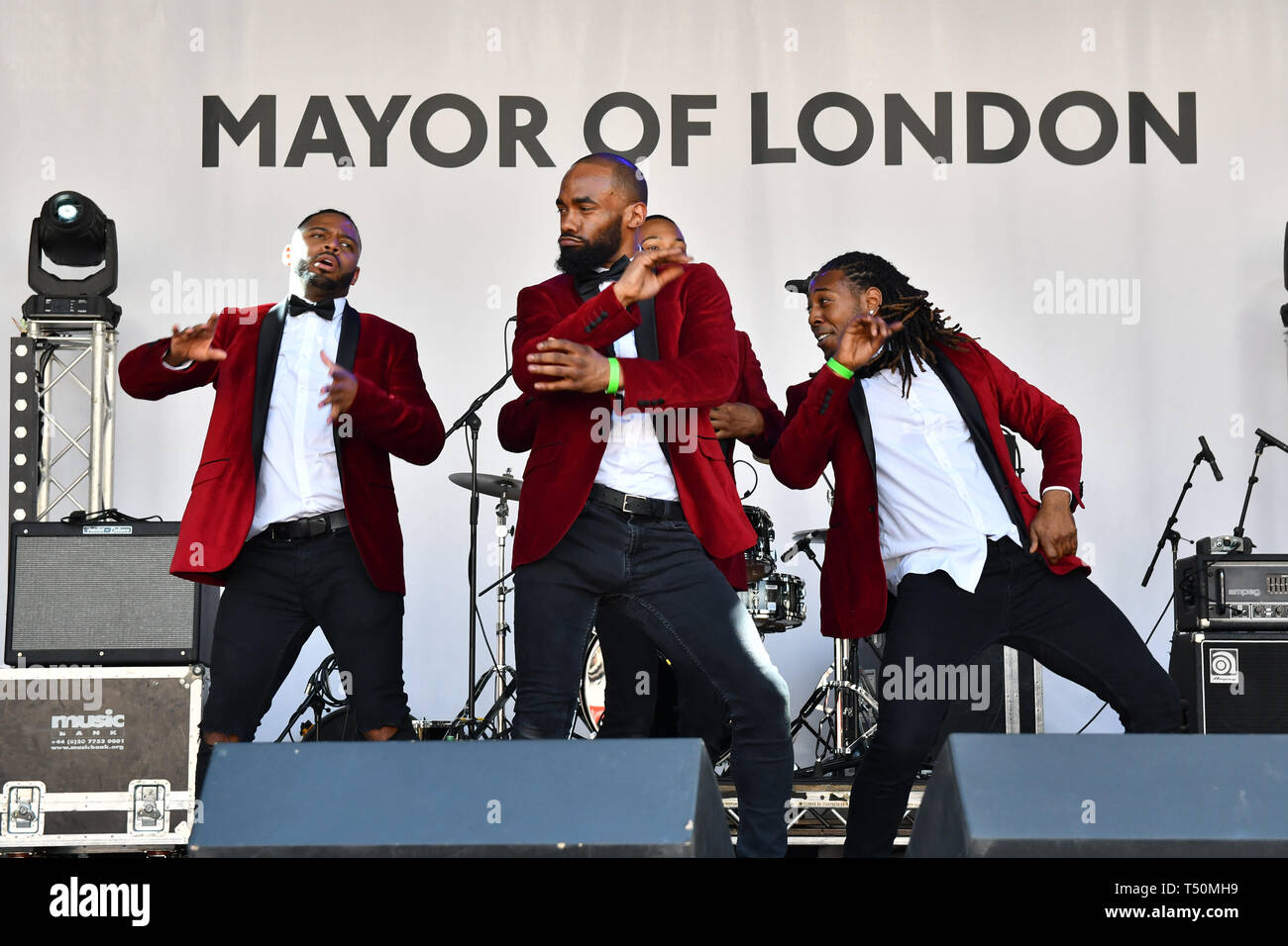London, UK. 20th April, 2019.Forbacks performs at the Feast of St George to celebrate English culture with music and English food stalls in Trafalgar Square on 20 April 2019, London, UK. Credit: Picture Capital/Alamy Live News Stock Photo