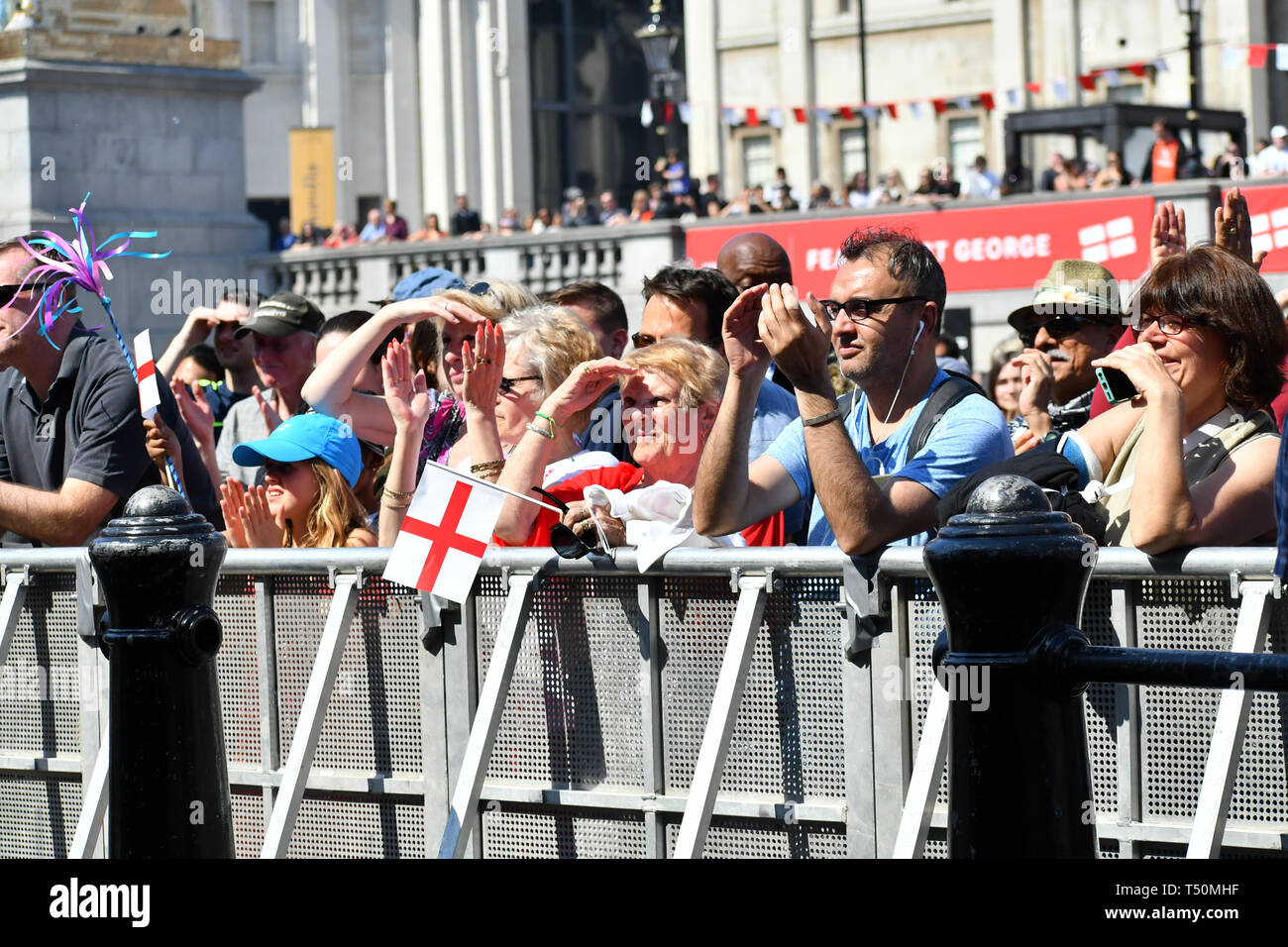 London, UK. 20th April, 2019.Hundreds attend the Feast of St George to celebrate English Culture with music and English food stalls in Trafalgar Square on 20 April 2019, London, UK. Credit: Picture Capital/Alamy Live News Stock Photo