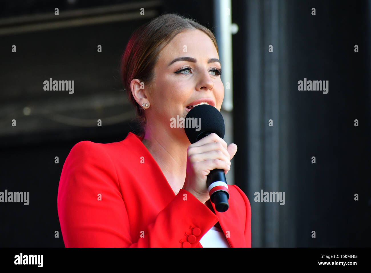 London, UK. 20th April, 2019.Lydia Bright is the presenter for the Feast of St George to celebrate English culture with music and English food stalls in Trafalgar Square on 20 April 2019, London, UK. Credit: Picture Capital/Alamy Live News Stock Photo