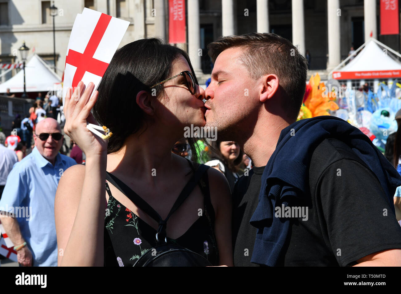 London, UK. 20th April, 2019.Hundreds attend the Feast of St George to celebrate English culture with music and English food stalls in Trafalgar Square on 20 April 2019, London, UK. Credit: Picture Capital/Alamy Live News Stock Photo