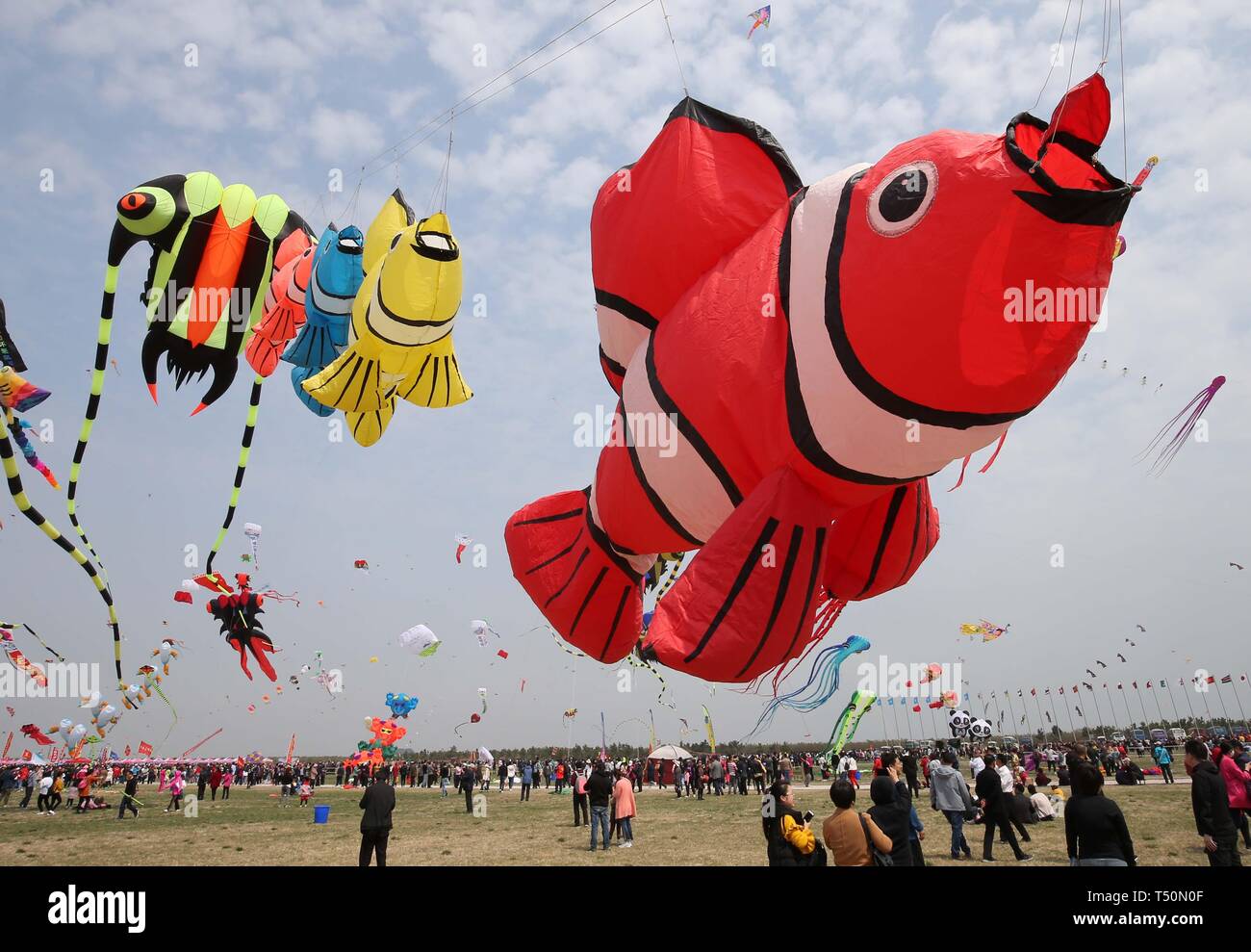 Weifang, China's Shandong Province. 20th Apr, 2019. Kite enthusiasts fly  their kites at the opening ceremony of the 36th Weifang International Kite  Festival in Weifang, east China's Shandong Province, April 20, 2019.