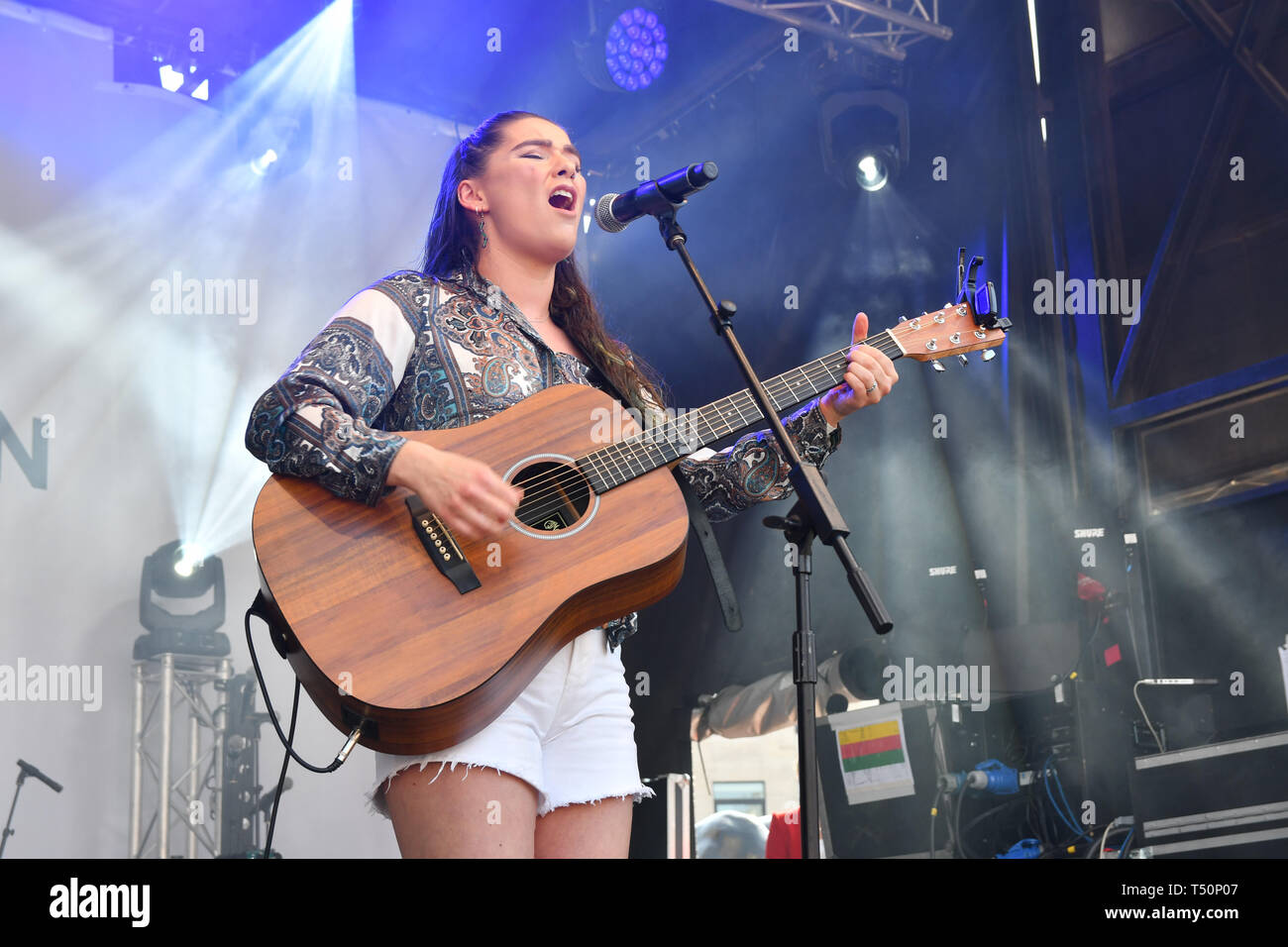 London, UK. 20th April, 2019.Basking in London - Maddie Bowe performs at the Feast of St George to celebrate English culture with music and English food stalls in Trafalgar Square on 20 April 2019, London, UK. Credit: Picture Capital/Alamy Live News Stock Photo