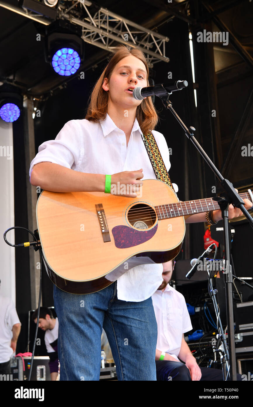 London, UK. 20th April, 2019.Basking in London - Josh Gleaves performs at the Feast of St George to celebrate English culture with music and English food stalls in Trafalgar Square on 20 April 2019, London, UK. Credit: Picture Capital/Alamy Live News Stock Photo