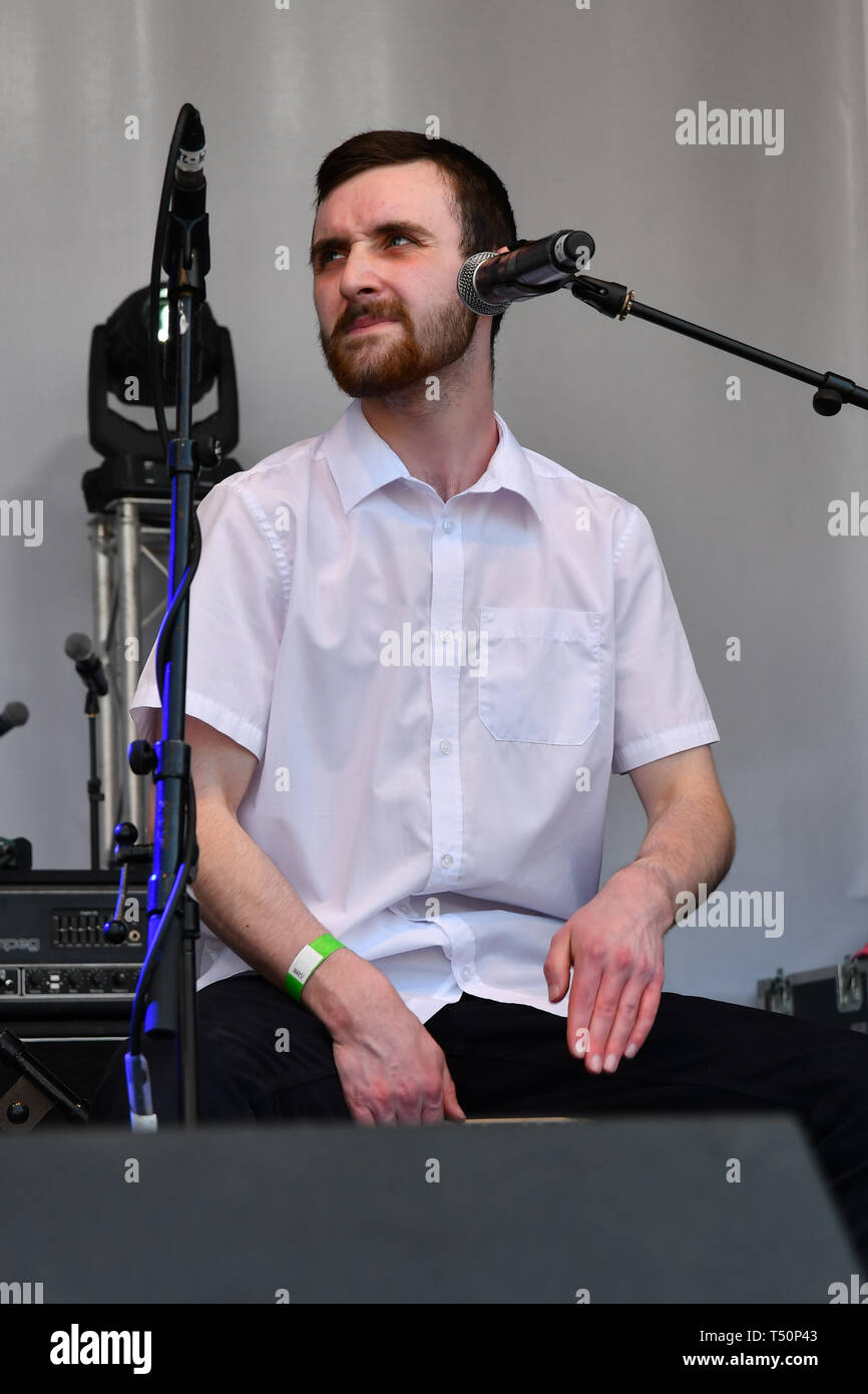 London, UK. 20th April, 2019.Basking in London - Josh Gleaves performs at the Feast of St George to celebrate English culture with music and English food stalls in Trafalgar Square on 20 April 2019, London, UK. Credit: Picture Capital/Alamy Live News Stock Photo