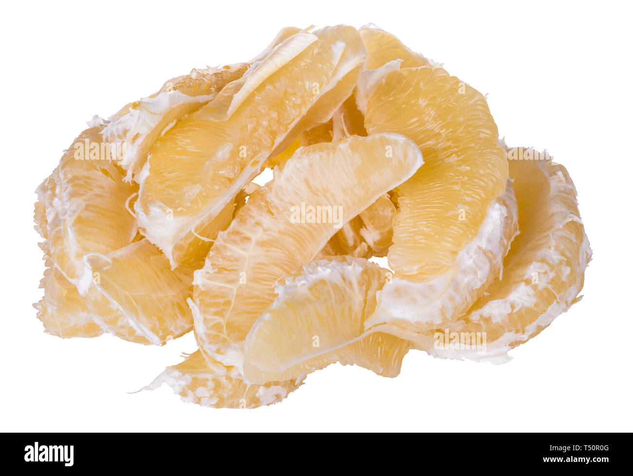 Grapefruit segments. Citrus. Peeled pomelo split into pieces.Pile of delicious sweet and sour exotic fruit divided to parts. Healthy vegetarian snack. Stock Photo