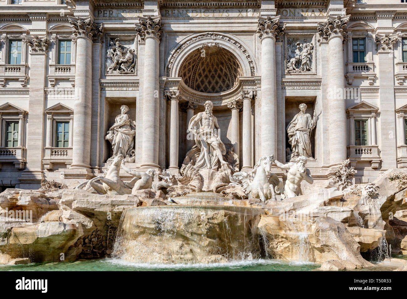 view of the central part of the trevi fountain, with the statues of Oceano, in the center, by Pietro Bracci and the statue of SalubritÃ  (to the left  Stock Photo