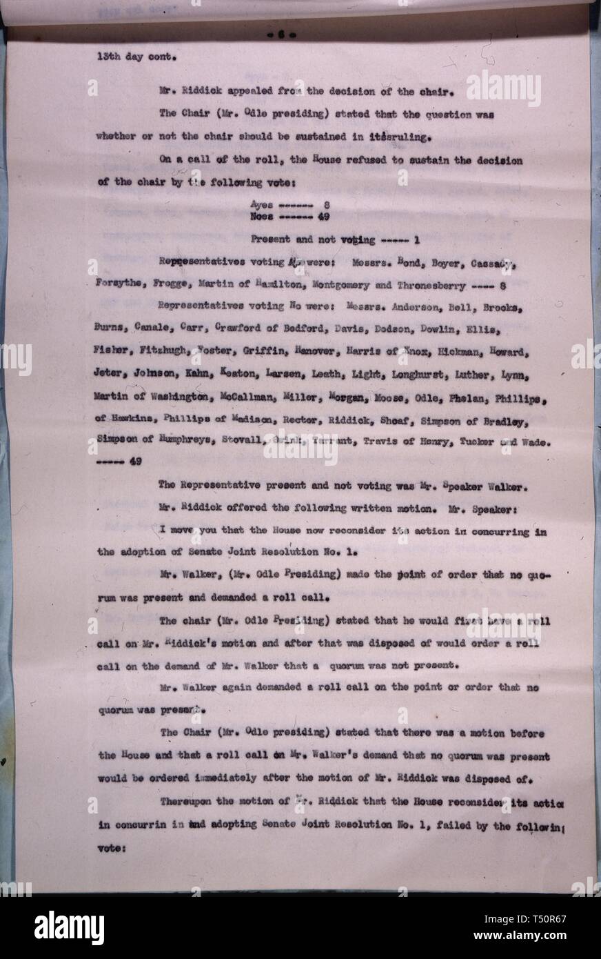 Page eighteen of the certificate of ratification of the Nineteenth Amendment to the Constitution, together with the resolution and transcript of the Journals of the Two Houses of the General Assembly of the State of Tennessee, August 24, 1920. Image courtesy National Archives. () Stock Photo