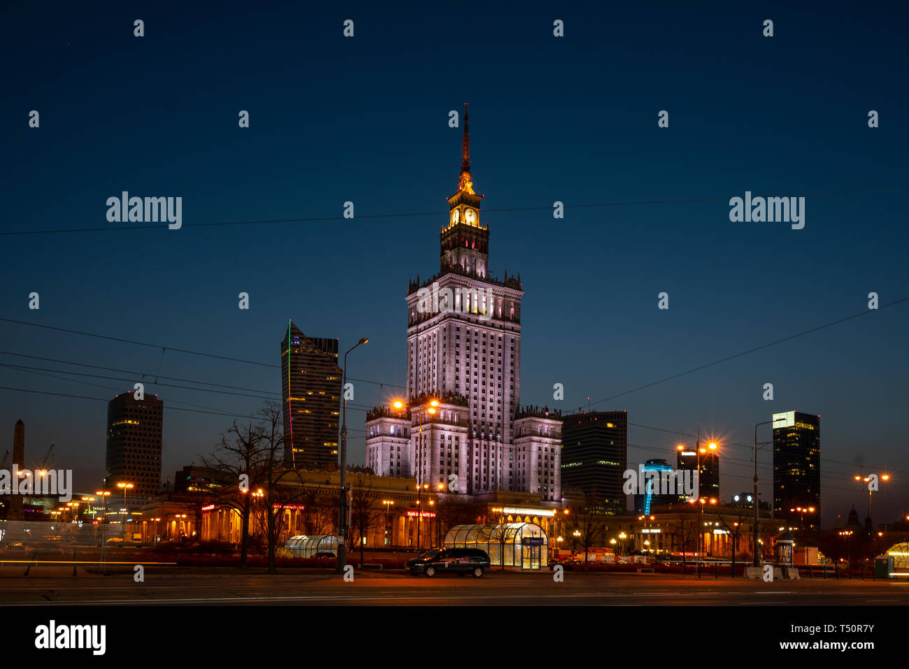 Warsaw, Poland. April, 2018. A view of  the Palace of Culture and Science at night Stock Photo