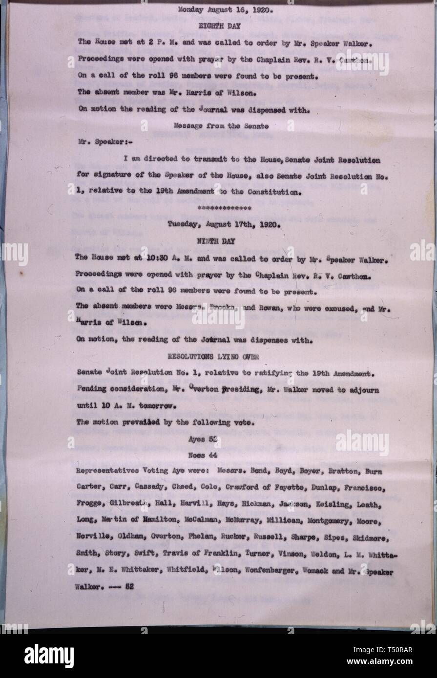 Page thirteen of the certificate of ratification of the Nineteenth Amendment to the Constitution, together with the resolution and transcript of the Journals of the Two Houses of the General Assembly of the State of Tennessee, August 24, 1920. Image courtesy National Archives. () Stock Photo