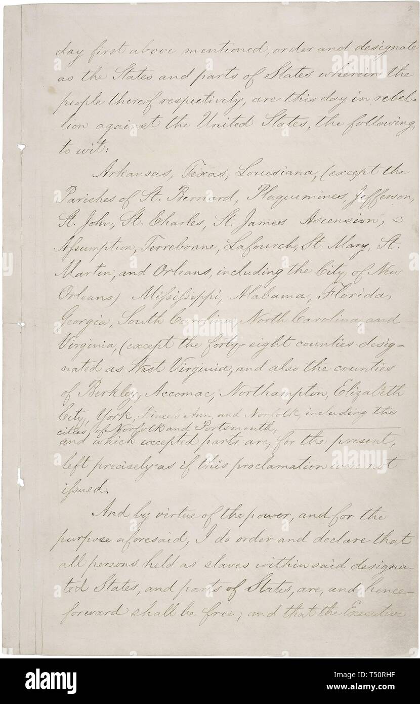 The Emancipation Proclamation, an executive order signed by Abraham Lincoln freeing all the slaves in the South, 1863. Image courtesy National Archives. () Stock Photo