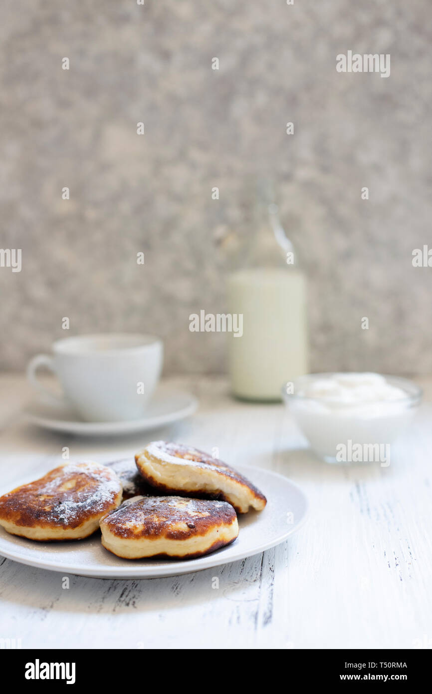 Cottage Cheese Pancakes Cheesecakes On The Table Syrniki Or