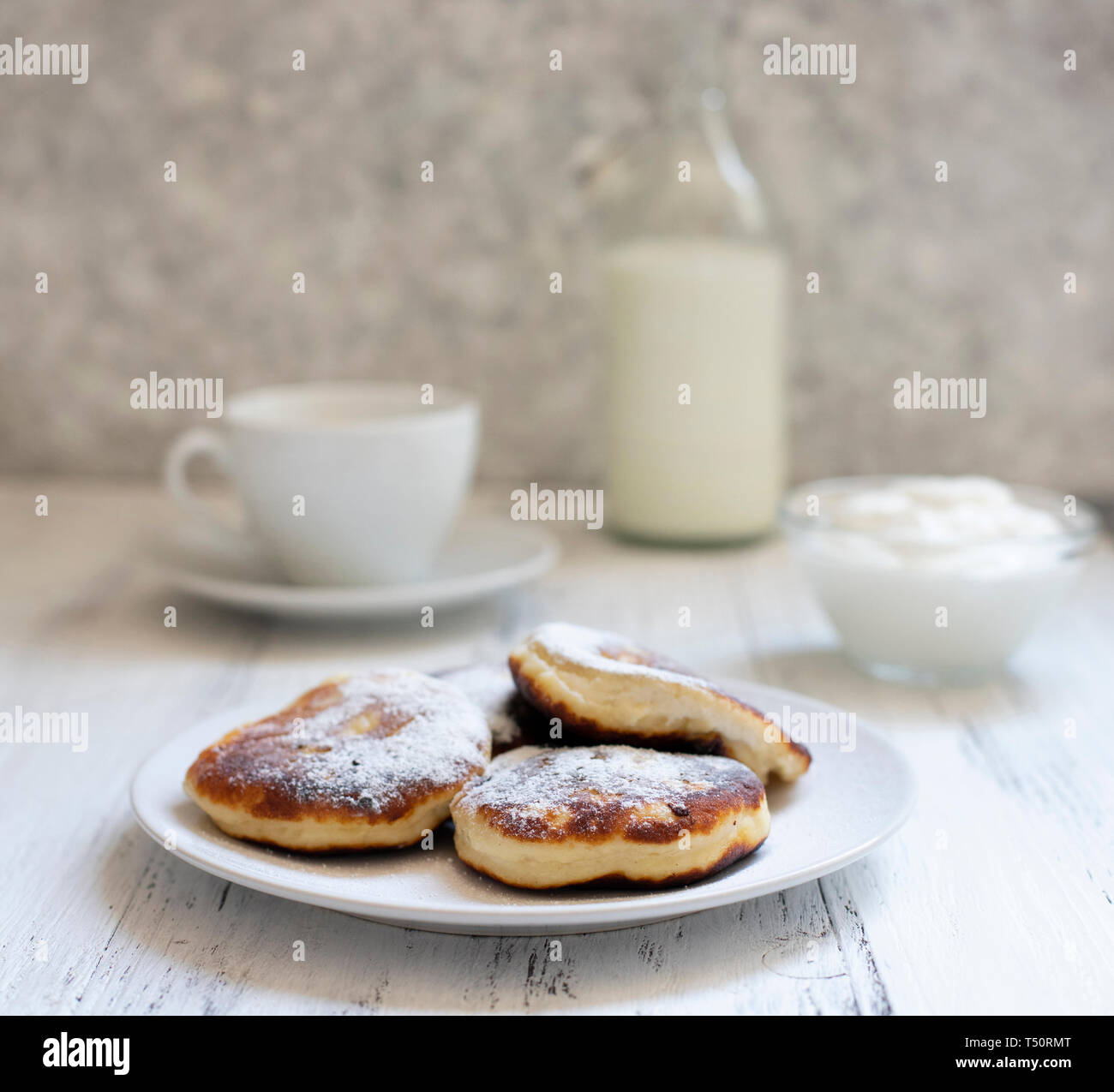 Cottage Cheese Pancakes Cheesecakes On The Table Syrniki Or