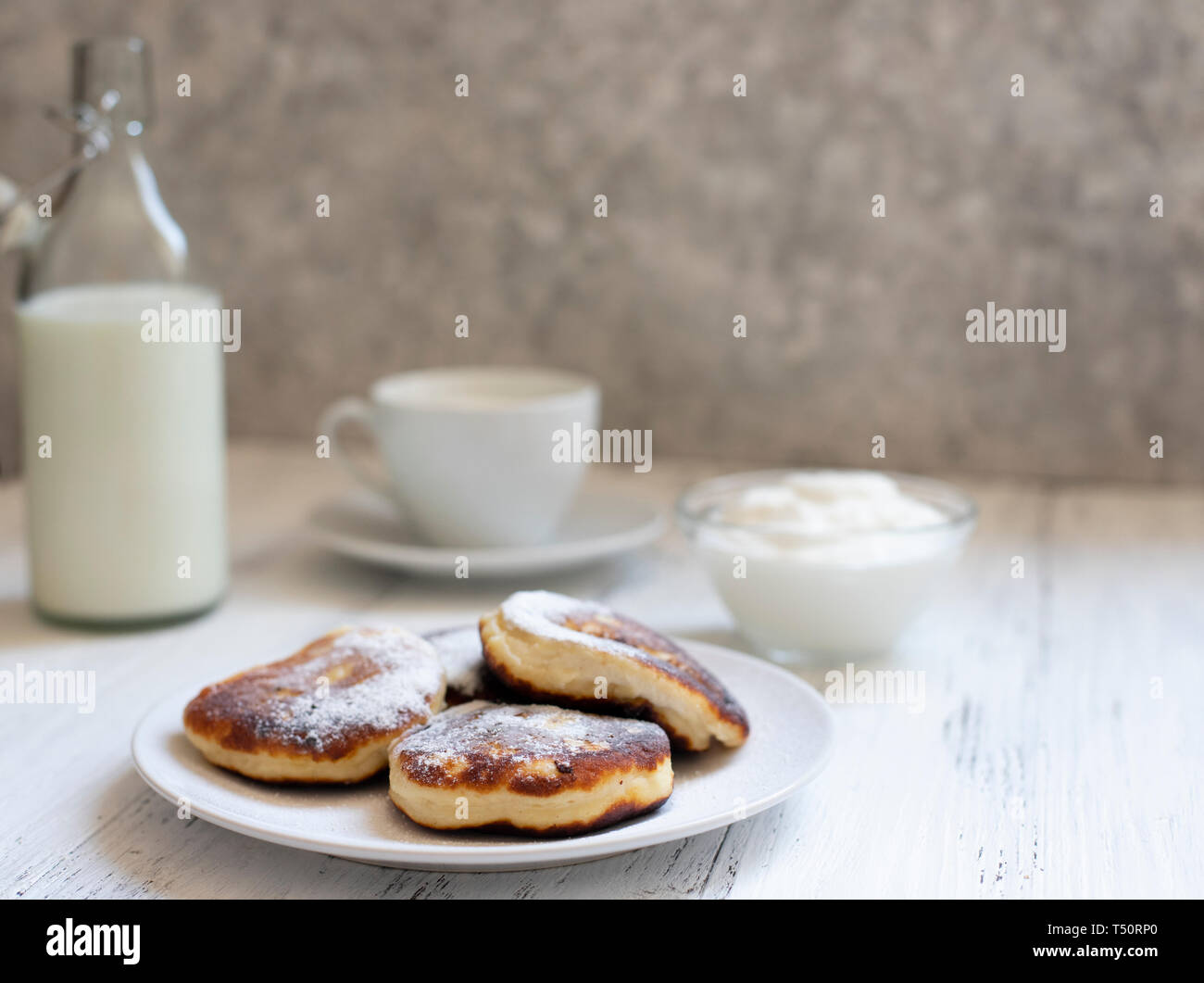 Cottage Cheese Pancakes Cheesecakes On The Table Syrniki Or