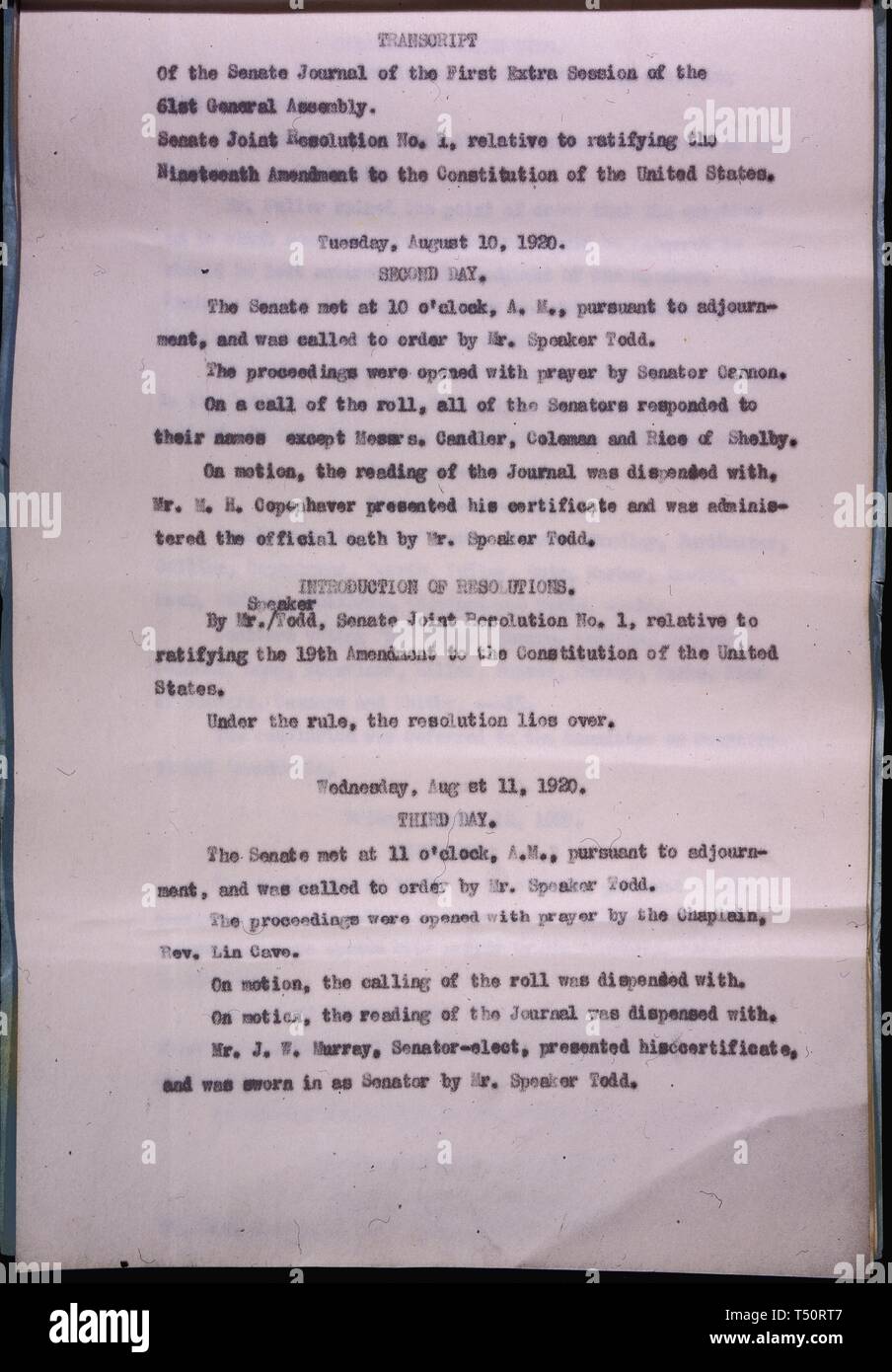 Certificate of ratification of the Nineteenth Amendment to the Constitution, accompanied by resolution and transcript of the Journals of the Two Houses of the General Assembly of the State of Tennessee, August 24, 1920. Image courtesy National Archives. () Stock Photo