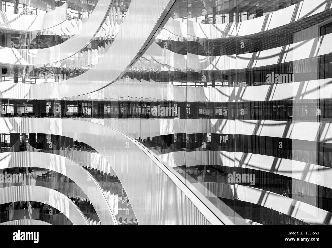 Black and white picture of abstract interior of modern business center, geometric lines and shapes background Stock Photo