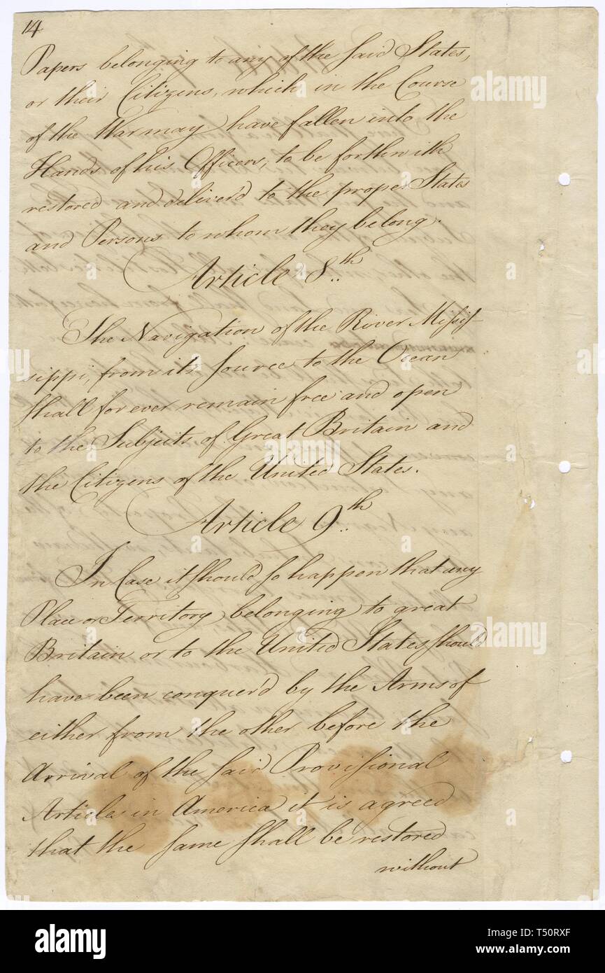The Treaty of Paris, sent to Congress by the American negotiators John Adams, Benjamin Franklin, and John Jay, formally ended the Revolutionary War, 1783. Image courtesy National Archives. () Stock Photo