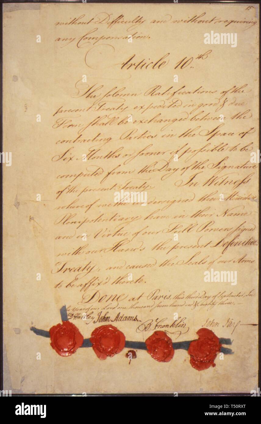 The Treaty of Paris, sent to Congress by the American negotiators John Adams, Benjamin Franklin, and John Jay, formally ended the Revolutionary War, 1783. Image courtesy National Archives. () Stock Photo