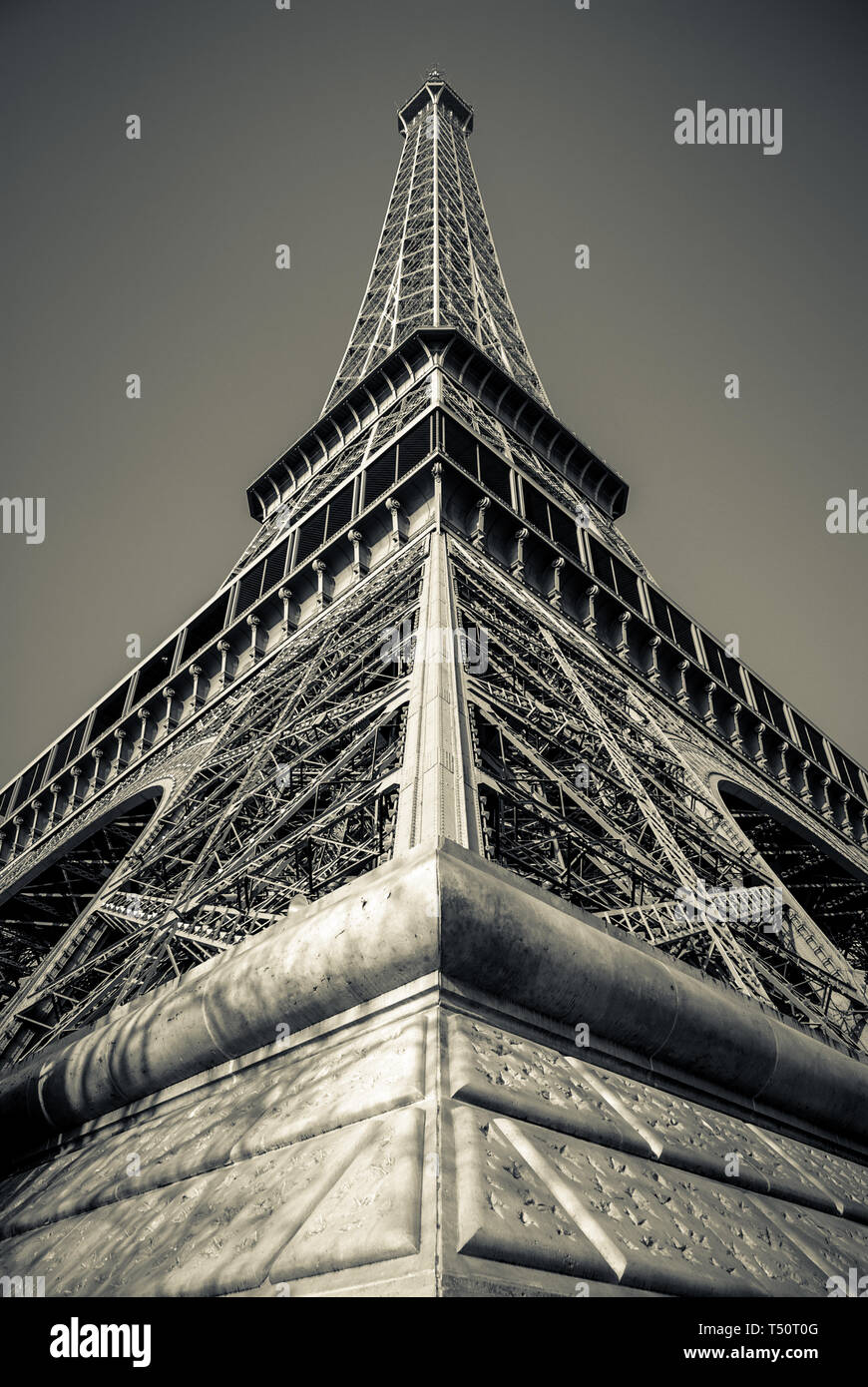 Black and white of the Eiffel Tower from a corner. Paris, France Stock Photo