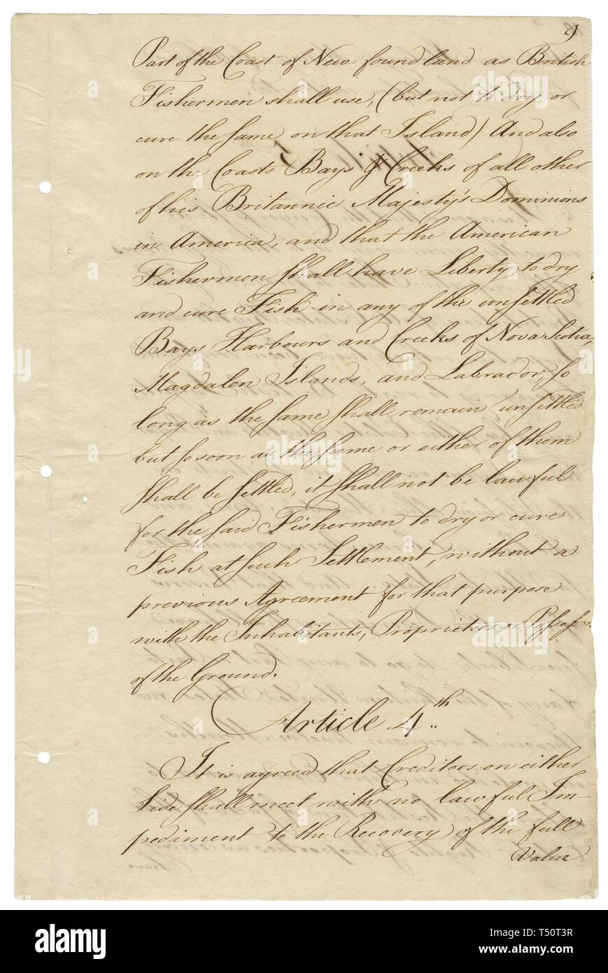 The Treaty of Paris, sent to Congress by the American negotiators John Adams, Benjamin Franklin, and John Jay, formally ended the Revolutionary War, 1783. Image courtesy National Archives. () Stock Photo