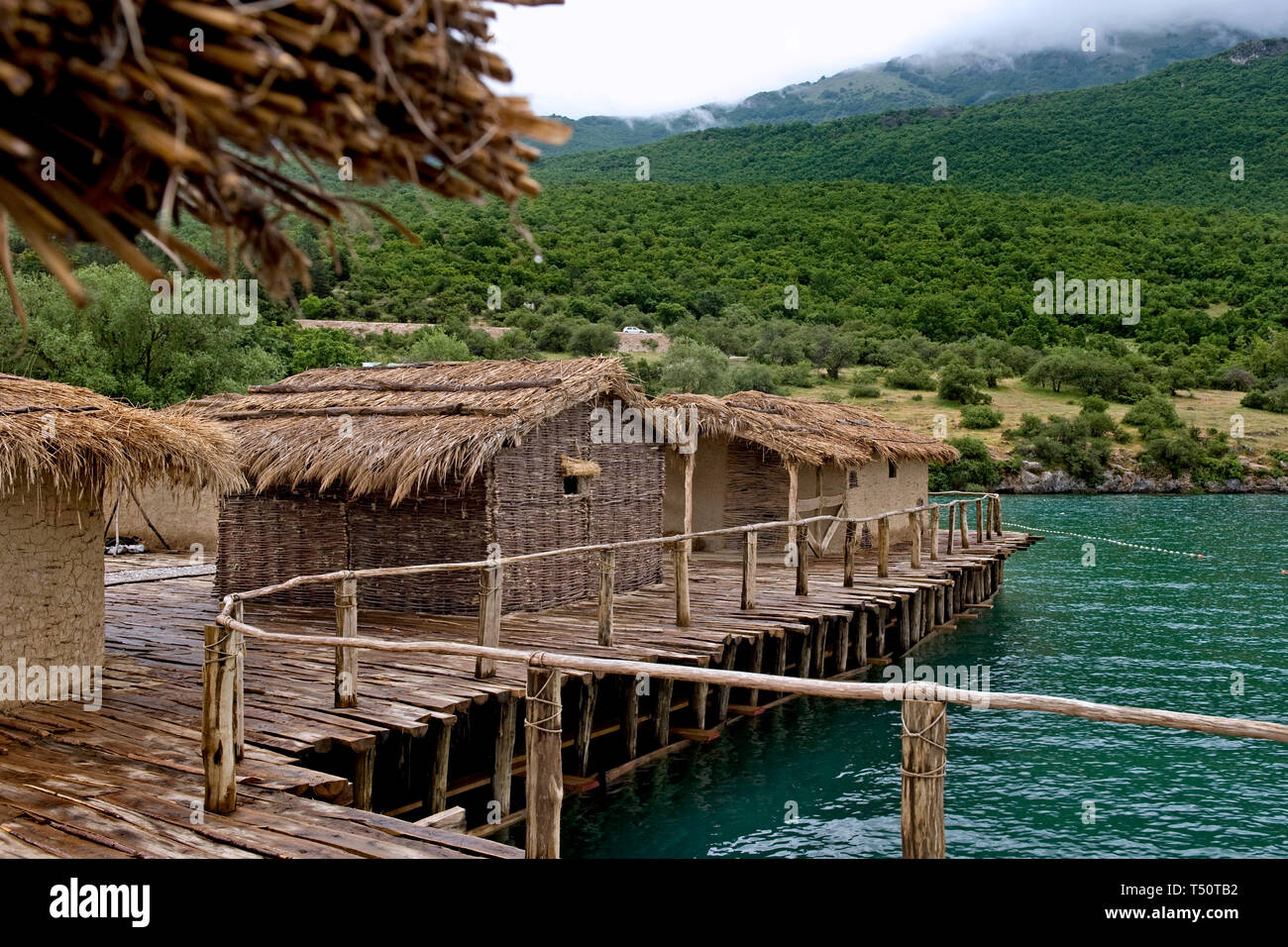 Gradište Peninsula, Bay of Bones/ Republic of Macedonia: Reconstruction of a pile-dwelling settlement in the Ohrid Lake Stock Photo