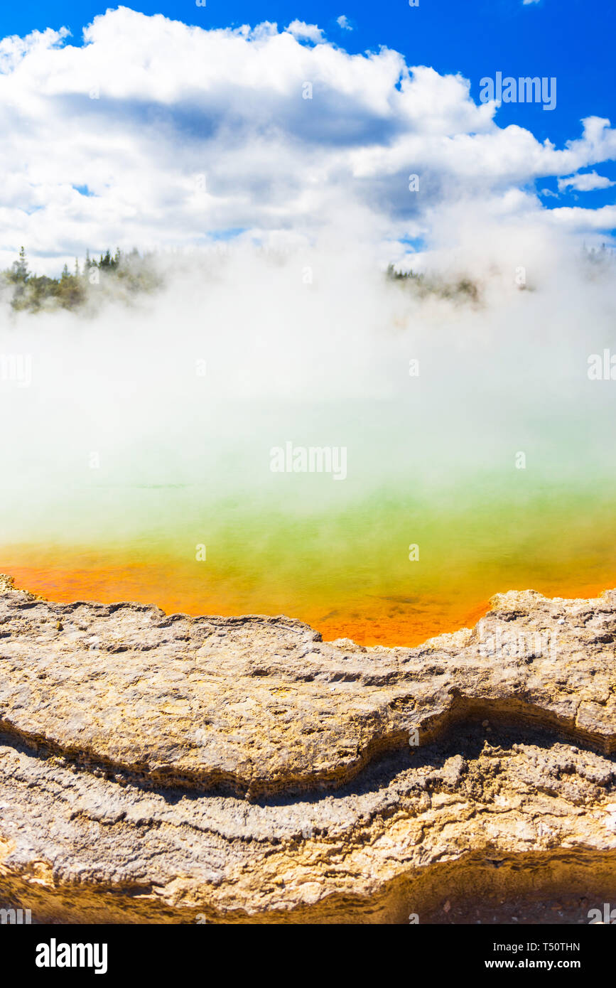 Champagne Pool in Wai-O-Tapu park, Rotorua, New Zealand. Vertical Stock Photo