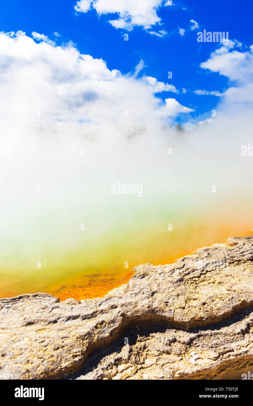 Champagne Pool in Wai-O-Tapu park, Rotorua, New Zealand. Vertical Stock Photo