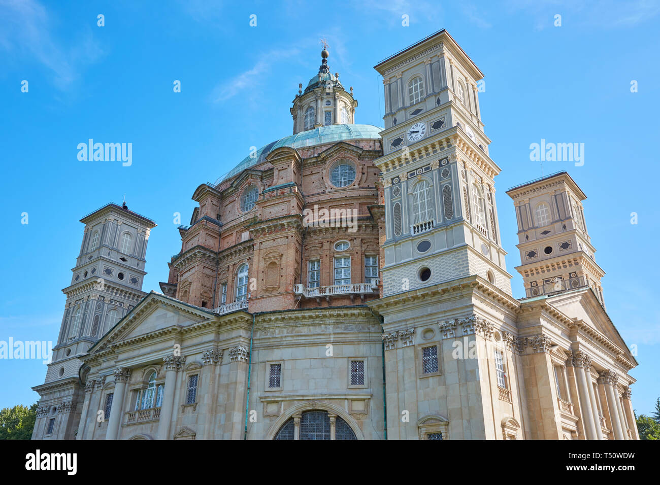 Sanctuary of Vicoforte church in a sunny summer day in Piedmont, blue sky in Italy Stock Photo