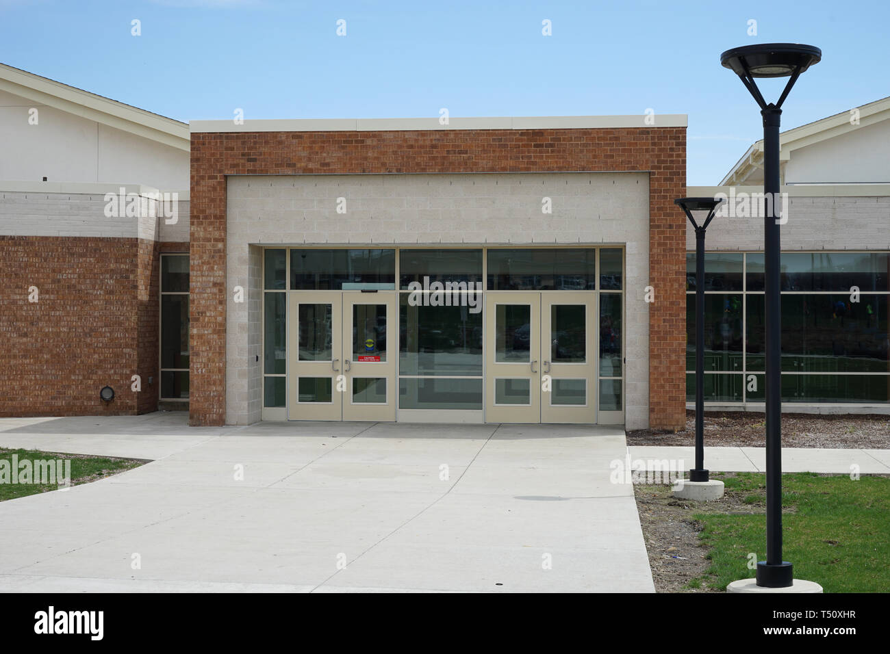 Two sets of double doors for a modern school building. Stock Photo