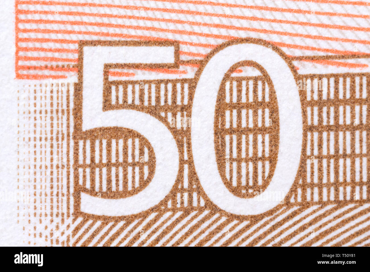 Fifty euros of the European Union photographed close up. Focus on number. Stock Photo