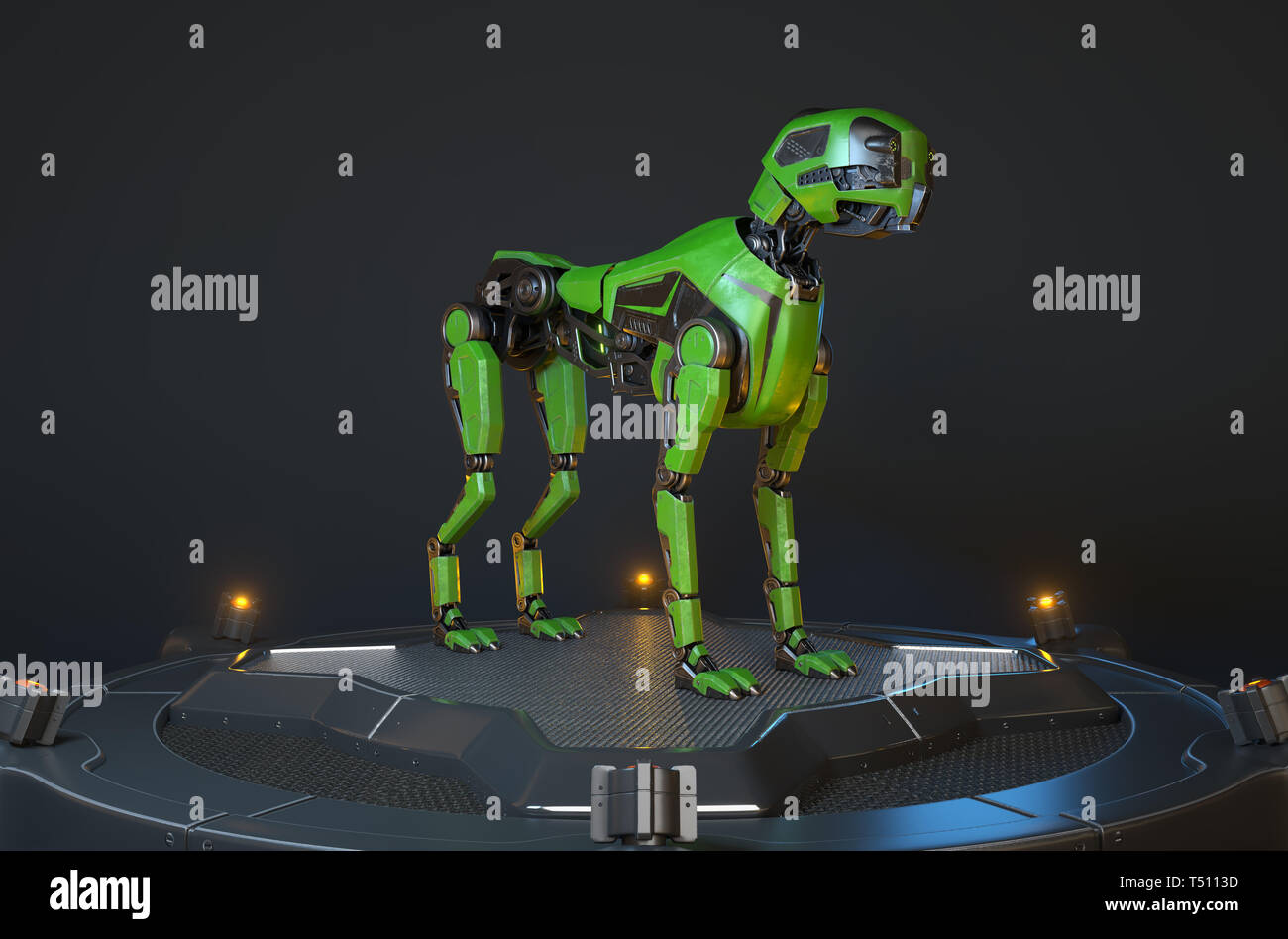 Green robot dog stands on a charging dock. 3D illustration Stock Photo