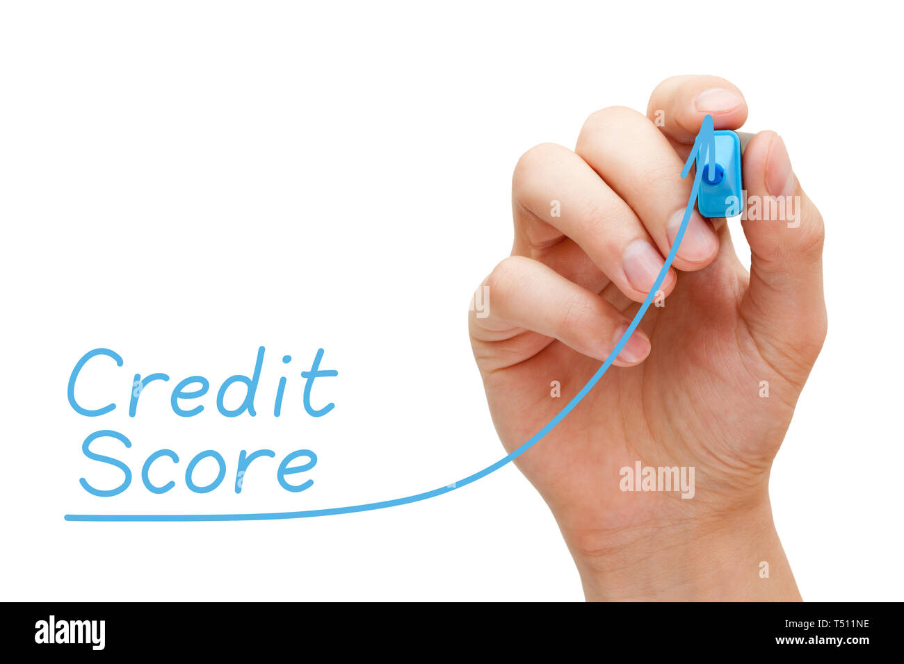 Hand drawing increasing Credit Score graph with blue marker on transparent wipe board. Improving creditworthiness concept. Stock Photo