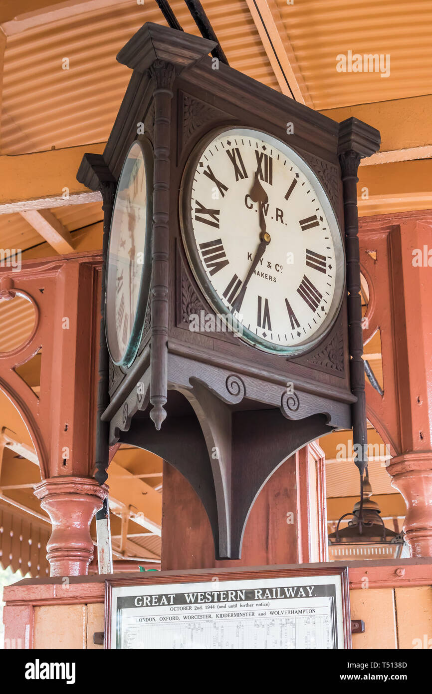 Close up of vintage GWR platform clock telling the time at Severn Valley heritage railway station, Bewdley UK. Stock Photo