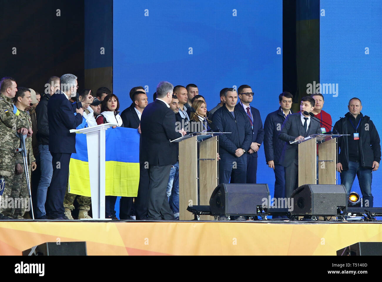 Kyiv, Ukraine - April 19, 2019: Ukrainian Presidential Debate of current President of Ukraine Petro Poroshenko and candidate Volodymyr Zelensky at NSC Stock Photo