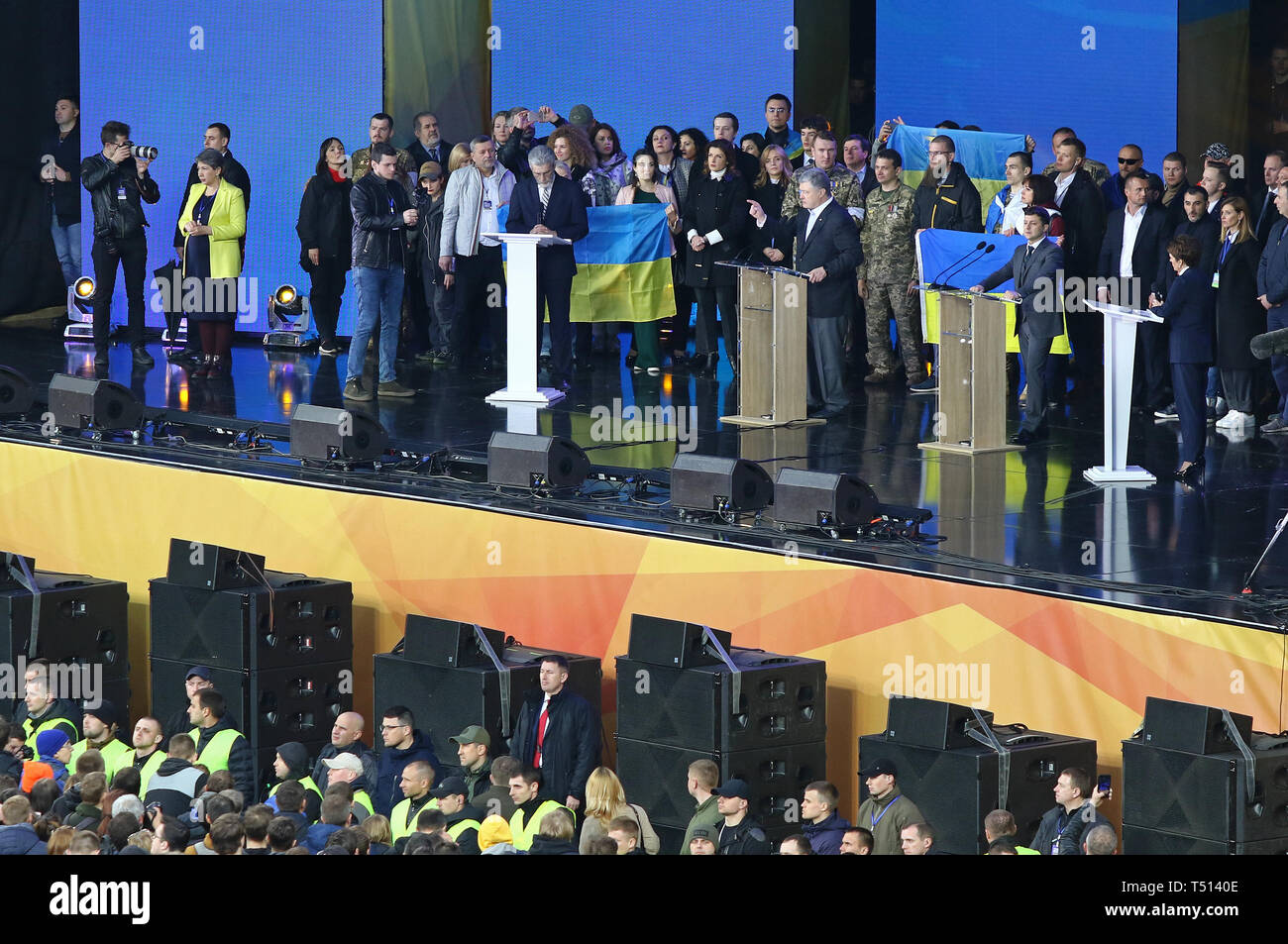 Kyiv, Ukraine - April 19, 2019: Ukrainian Presidential Debate of current President of Ukraine Petro Poroshenko and candidate Volodymyr Zelensky at NSC Stock Photo