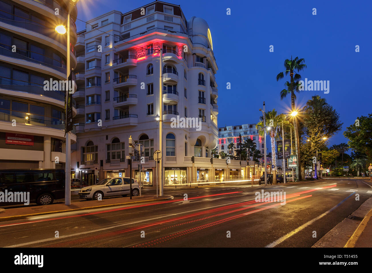 CANNES, FRANCE July 05, 2015 Night view of the Croisette in Cannes