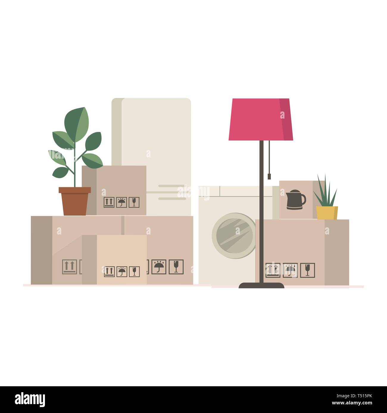 Cardboard boxes and packed household stuff - moving to a new house or office. Stock Vector