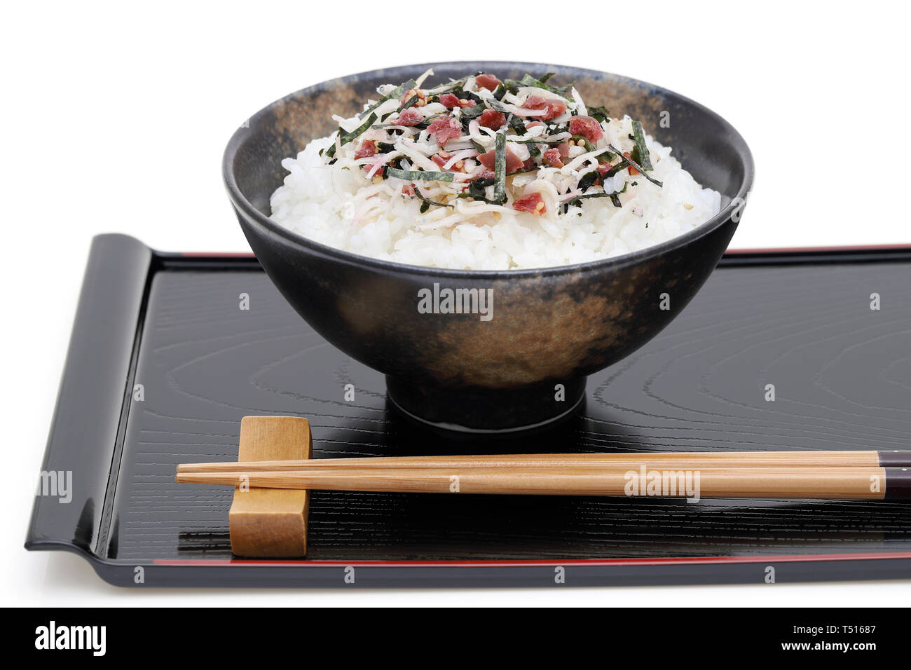 Japanese food, Shirasu and umeboshi on cooked white rice on white ...