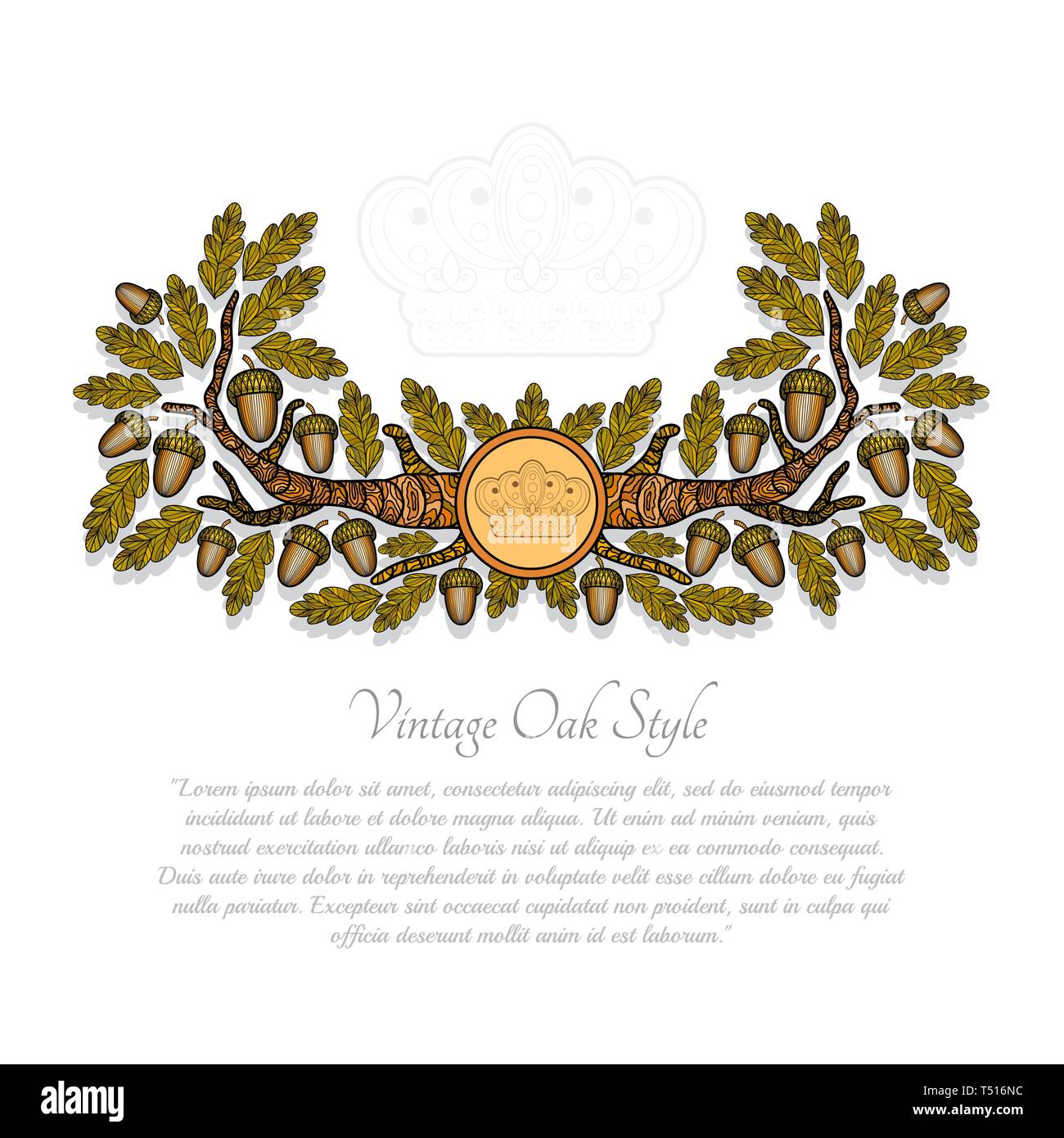 Abstract Banner From Oak Branch Leaves And Acorn On White Cartoon