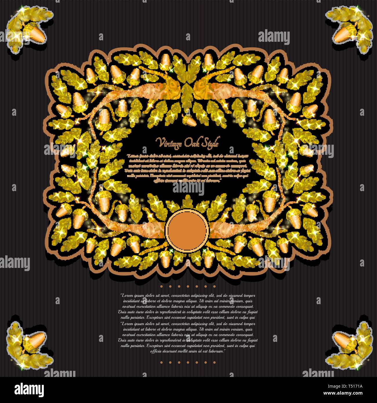 Shiny Banner Or Frame With Oak Branch Leaves And Acorn On Black