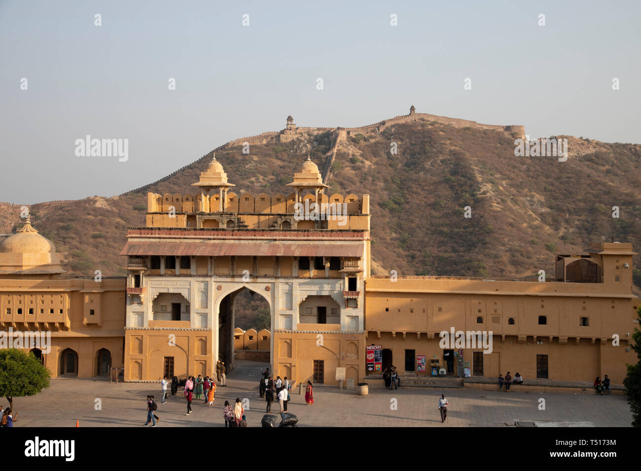 India, Rajasthan, Jaipur, Amber, Amber Fort and Wall Fortifications Stock Photo