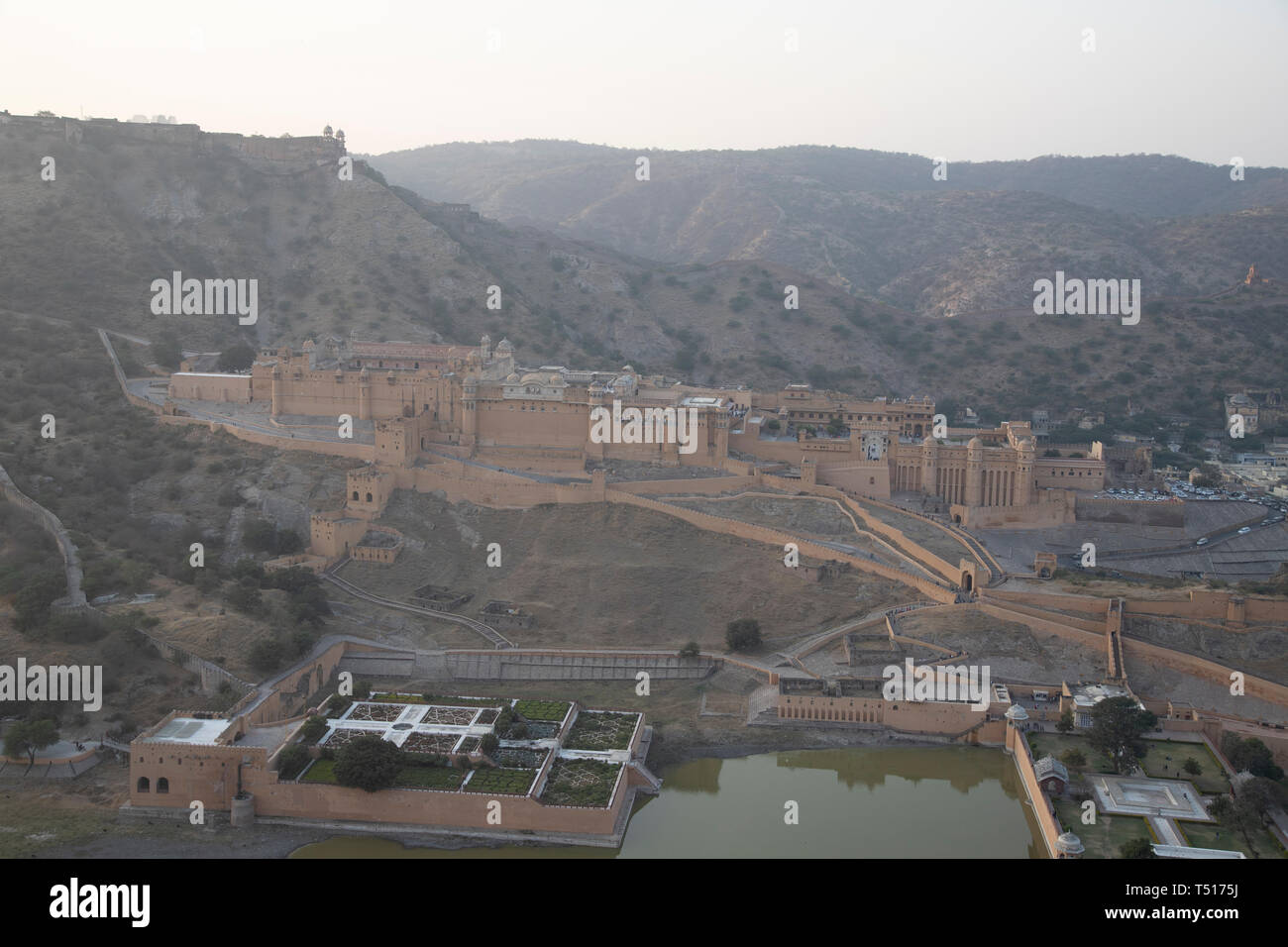 India, Rajasthan, Jaipur, Amber, Amber Fort and Wall Fortifications Stock Photo
