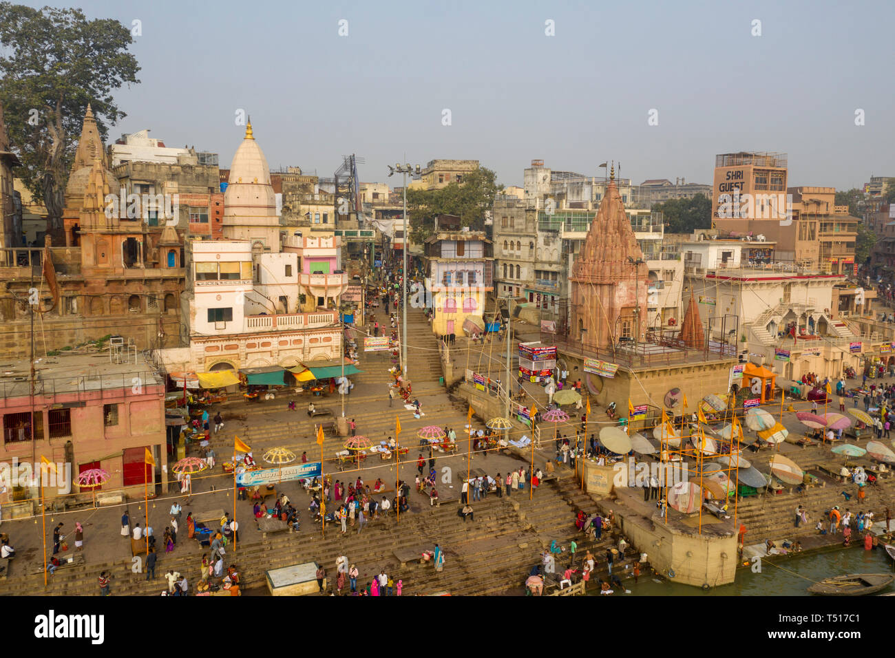 India, Uttar Pradesh, Varanasi, Gange River and Historic Ghats Stock Photo