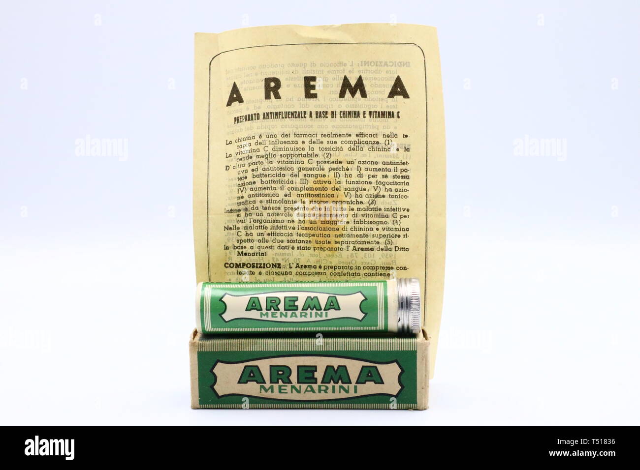Vintage medicine AREMA for Flu treatment. Product by MENARINI on 1950/