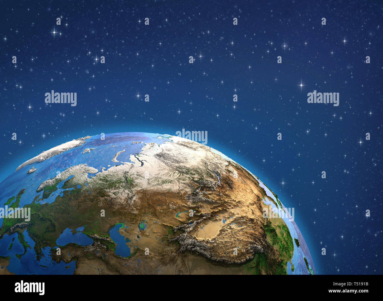 Planet Earth in deep space, focused on Europe and Asia. 3D illustration - Elements of this image furnished by NASA. Stock Photo