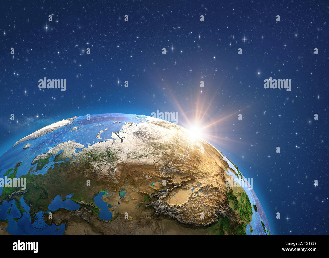 Planet Earth in deep space, focused on Europe and Asia, sun shining on the horizon. 3D illustration - Elements of this image furnished by NASA. Stock Photo